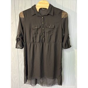 Indulge Women Black 3/4 Sleeve Banded Waist Collared‎ Button Down Dress Size 3XL